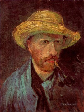 ヴィンセント・ヴァン・ゴッホ Painting - 麦わら帽子とパイプを持つ自画像 フィンセント・ファン・ゴッホ